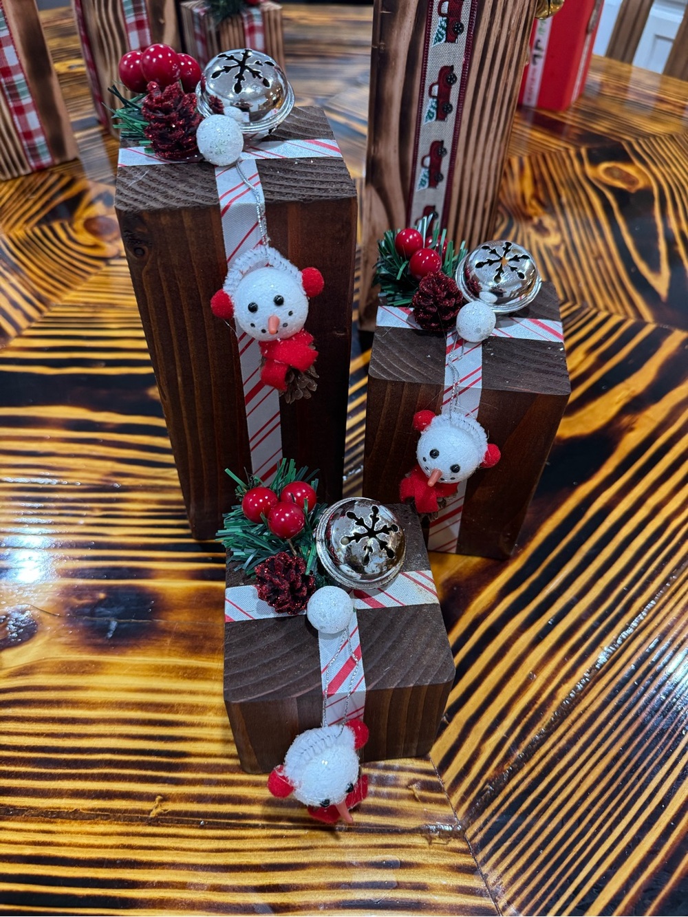 Festive Snowman Wooden Gift Block Décor - Red & White